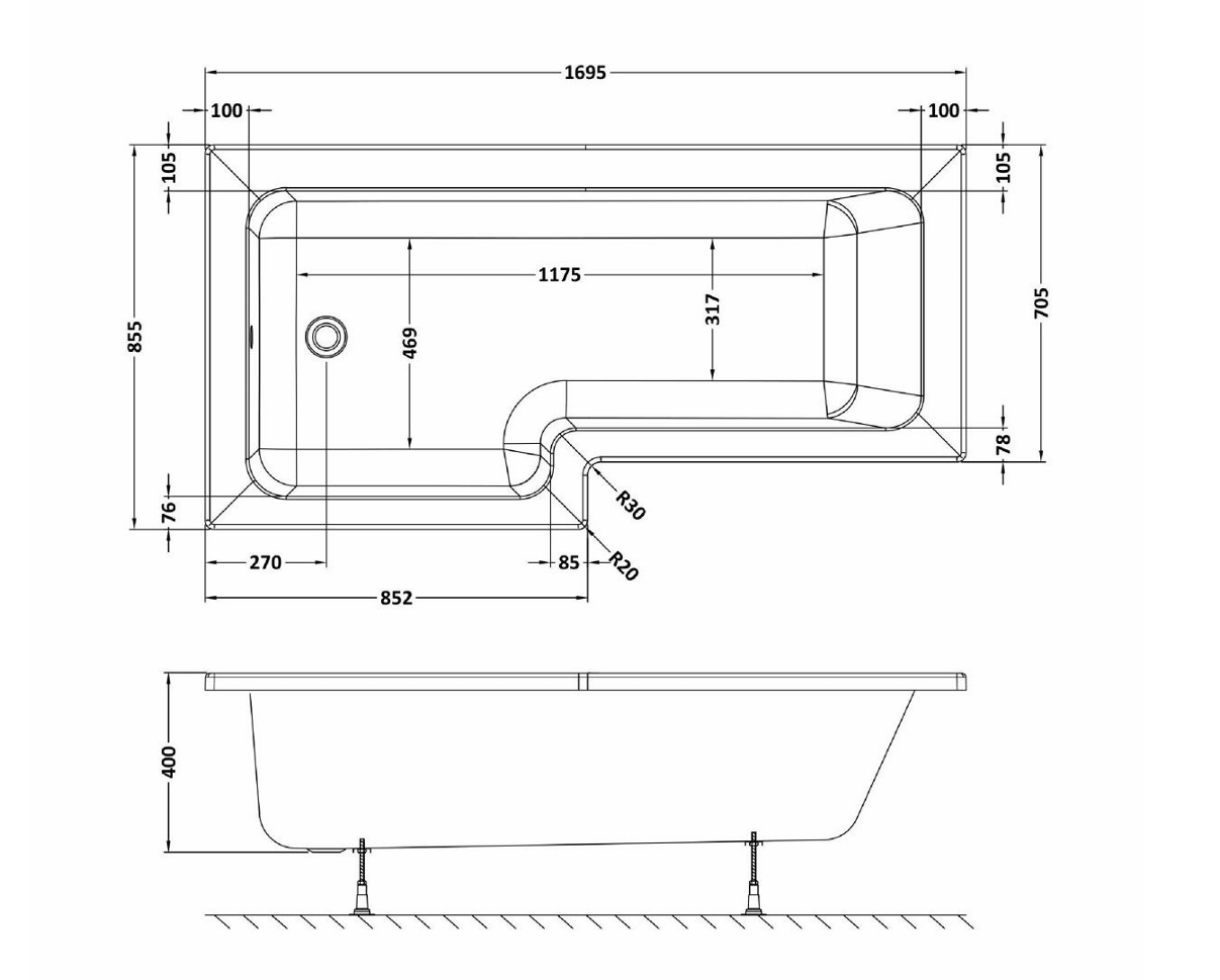 1700mm L-Shaped Left Hand Shower Bath, Hinged Bath Screen, Front Panel And Leg Set