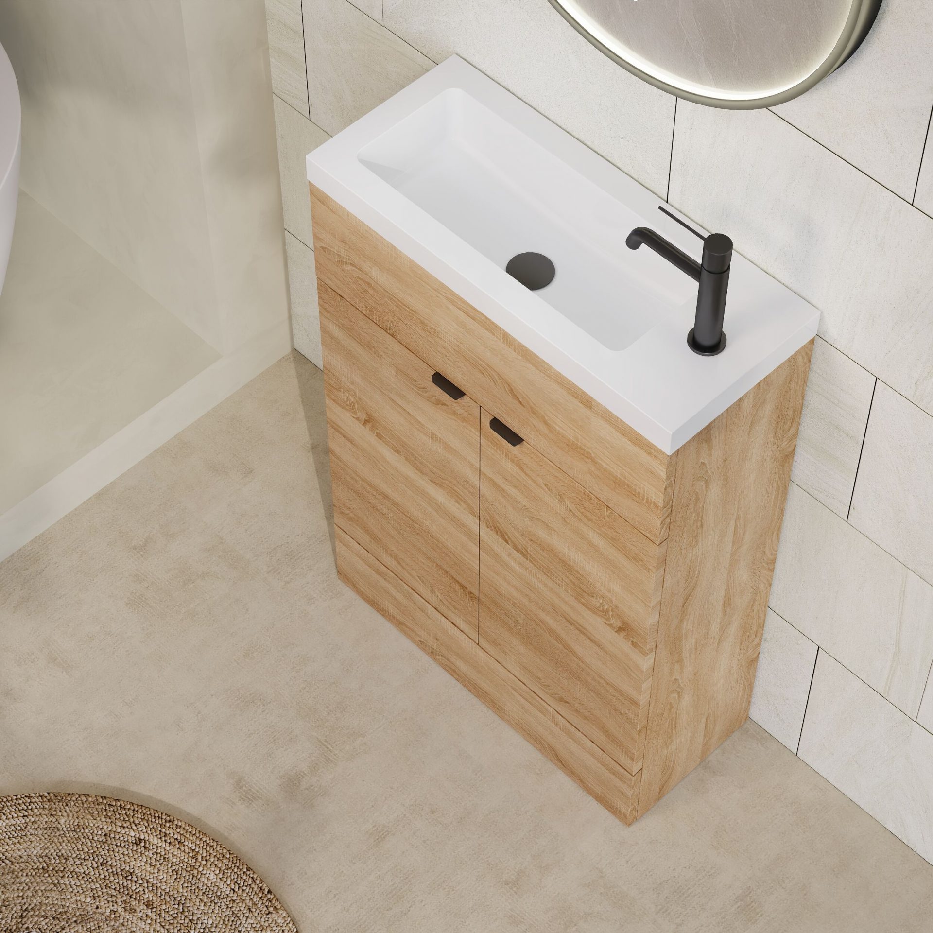 Hudson Reed Fusion Slimline 600mm 2 Door Floor Standing Vanity Unit – Bleached Oak