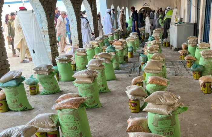 Food ration packs lined up to deliver to the poor needy and displaced after the floods in Pakistan