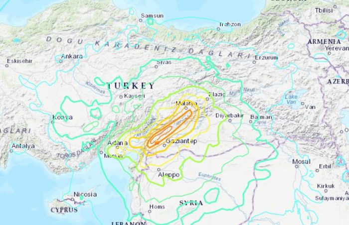 The intensity of the earthquake which affected Türkiye and Syria is shown in darker colours. (c) USGS