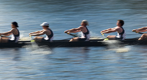 Teamwork, rowers in a rowing boat pulling in harmony