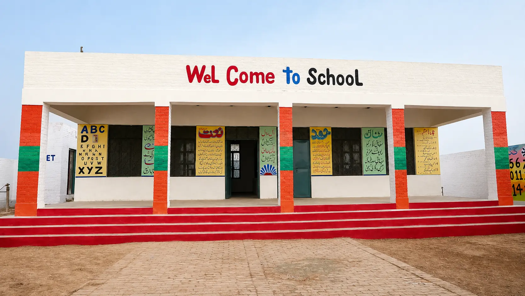 Front view of a rural school building with red steps and educational posters.