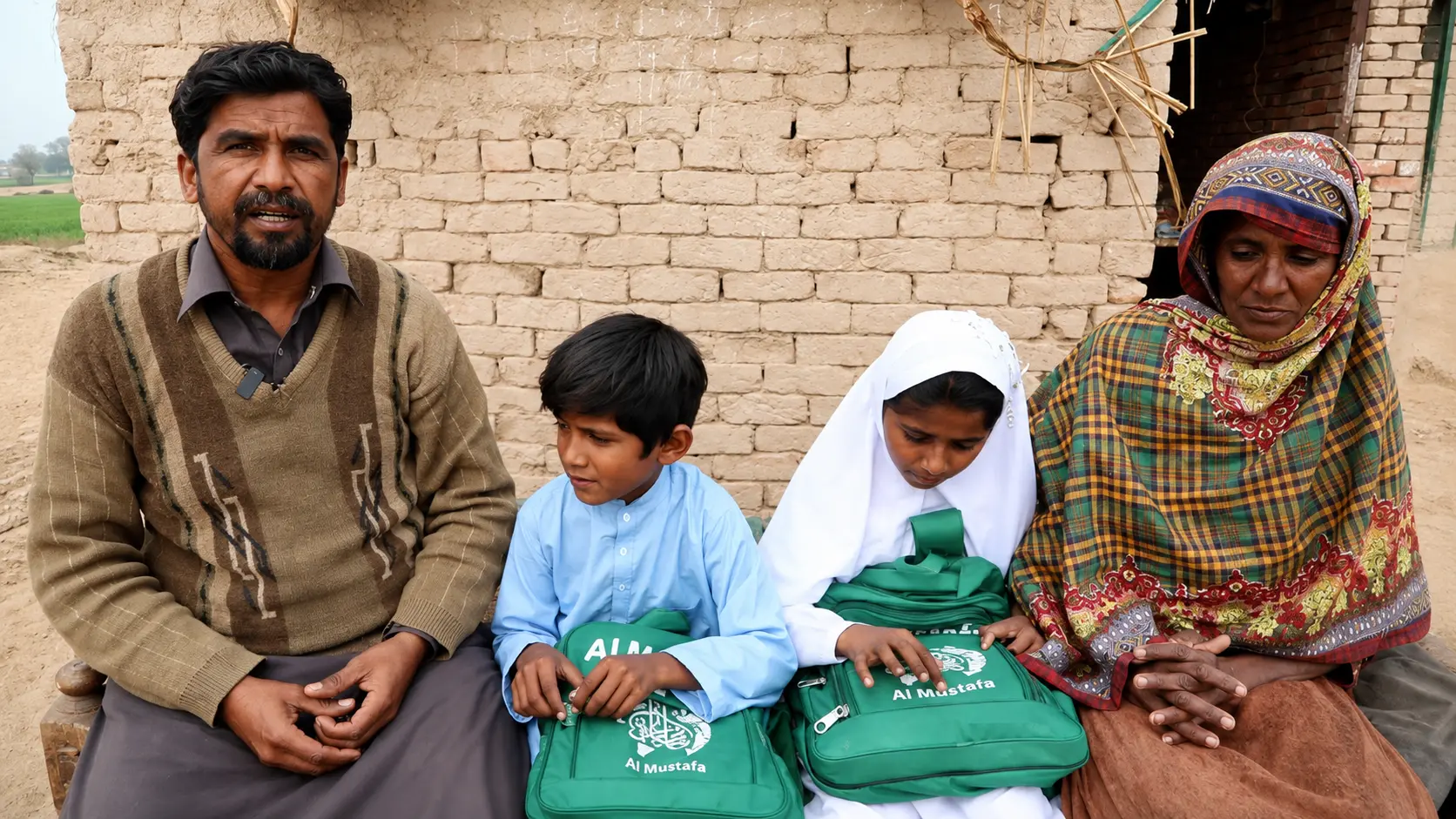 Parents seated with two schoolchildren holding green backpacks outside their rural home.
