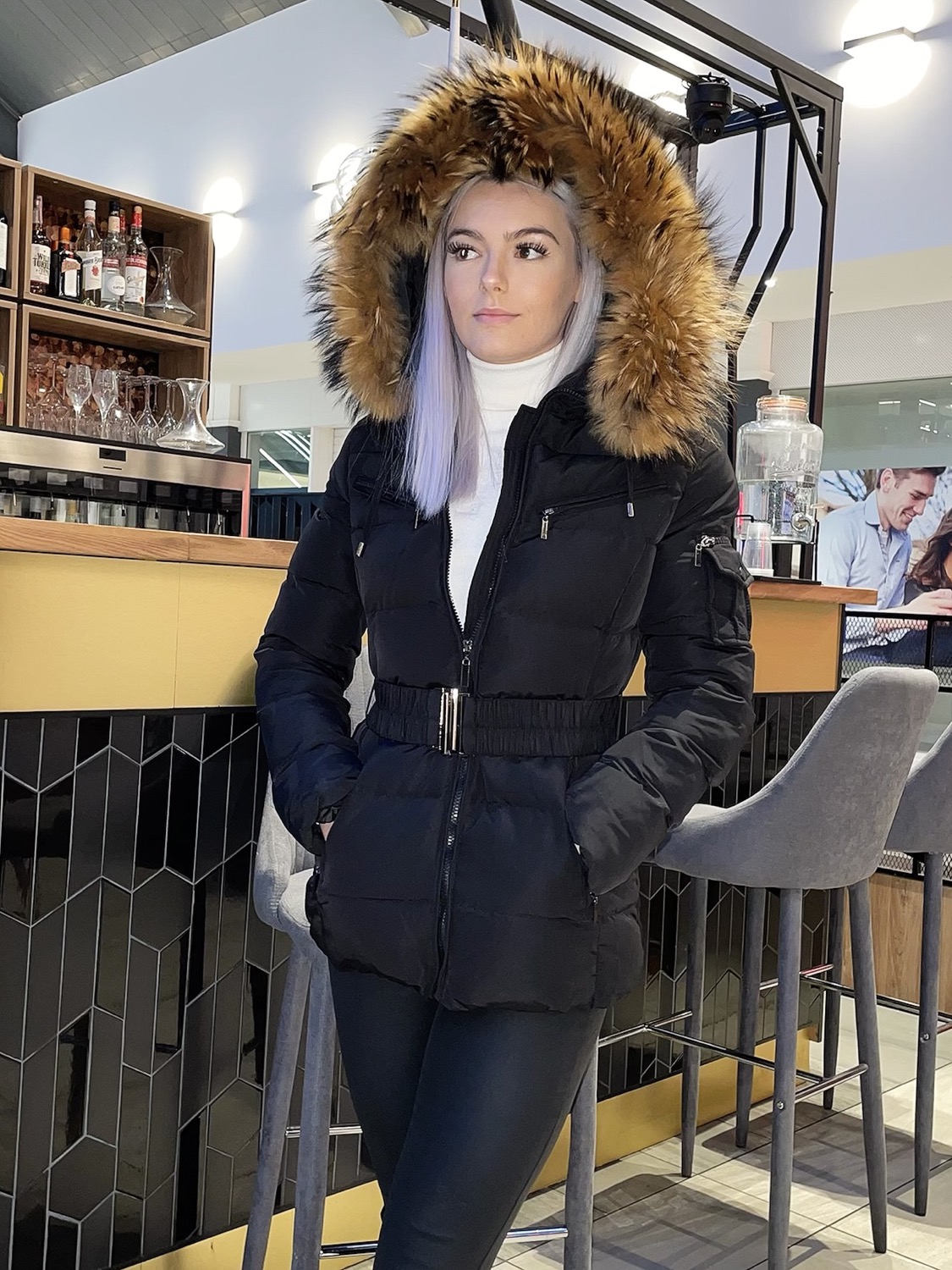 Zara Natural Fur Hood Belted Jacket -Black & Beige – Collections London