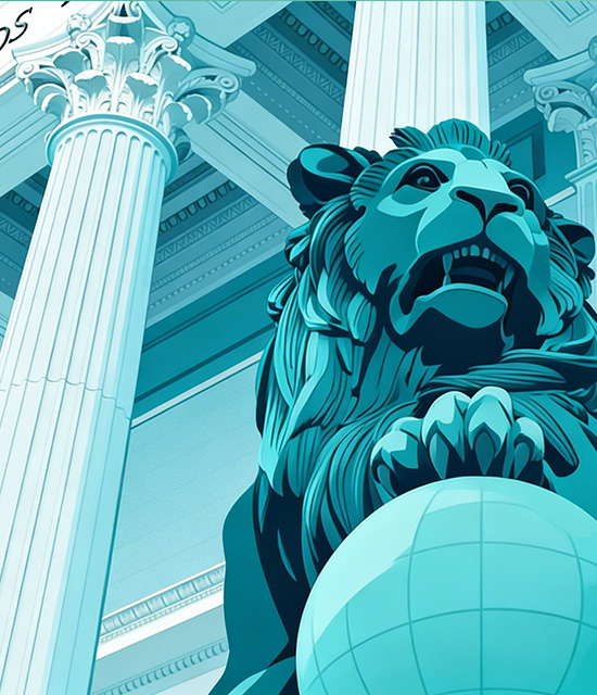 Ilustración de uno de los leones que hay el congreso, de fondo el congreso de los diputados
