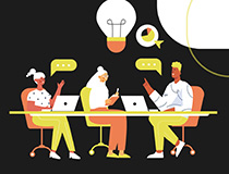 Ilustración de workshop, diferentes personas alrededor de una mesa con ordenadores y proponiendo ideas