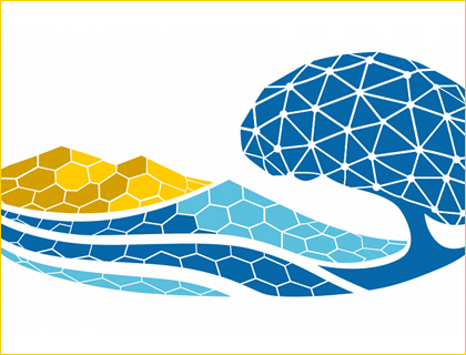Logotipo abstracto con formas geométricas hexagonales que forman montañas amarillas, ondas de agua azules y un árbol azul con red neuronal.