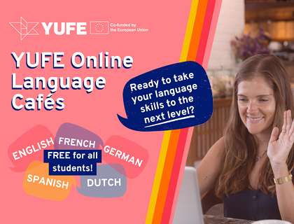 una mujer sonriente saluda con la mano durante una videollamada desde su portátil. En la parte superior se muestra el logotipo de YUFE y la mención “Co-funded by the European Union”