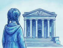 Ilustración artística azul de una niña observando un gran edificio de estilo neoclásico