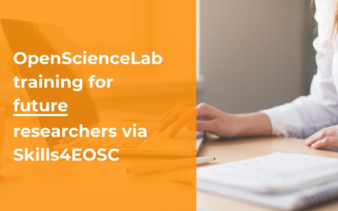 The image shows a person using a laptop, focusing on the hand resting on the keyboard. The background has soft, warm lighting, with a visible workspace including a notebook and a pen. The overlaid text promotes OpenScienceLab training for future researchers via Skills4EOSC. The overall tone of the image is professional and tech-oriented.