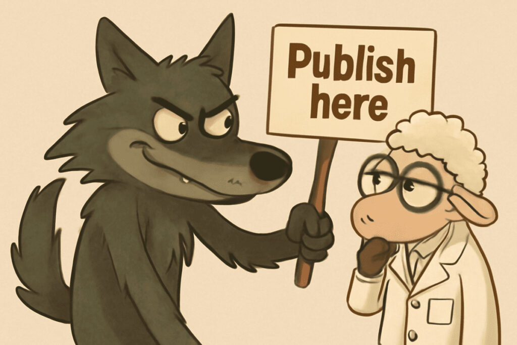 A cartoon-style illustration featuring a wolf with a sly grin, holding a 'Publish here' sign, while a thoughtful sheep in a lab coat and glasses looks on, creating a humorous contrast.