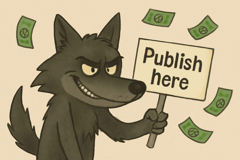 Cartoon-style illustration of a mischievous wolf holding a sign that reads 'Publish here,' surrounded by floating dollar bills.
