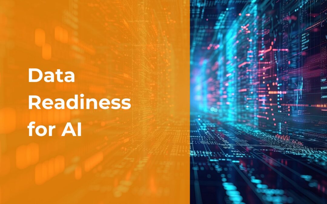 Illustration of data. The left side of the image is overlaid with an orange background and white text that reads "Data Readiness for AI"