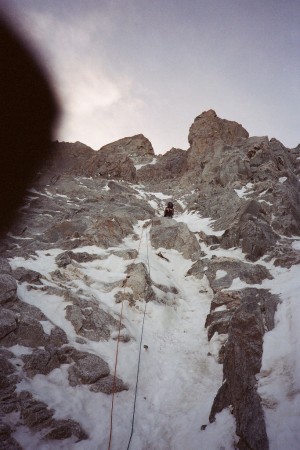The Lower route, with the solid ice pitches visible higher up.