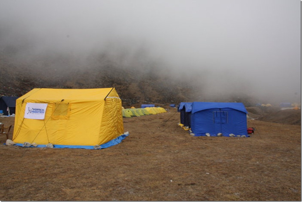 Cloudy afternoon at basecamp, dining tent and sleeping tents!
