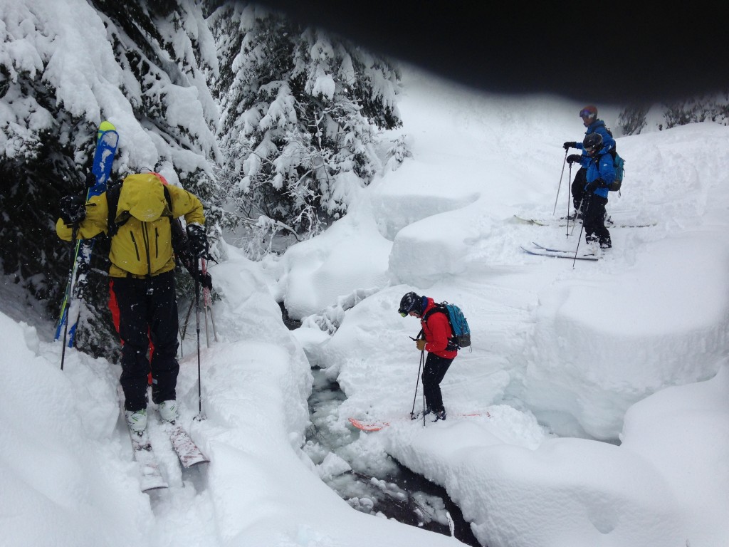 Combloux stream crossing - worth it for the powder we'd just skied above!