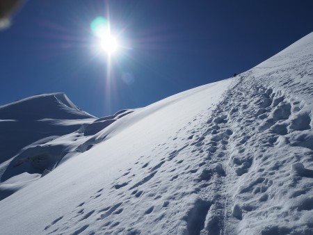 Steep snow and the ridge leading to the summit