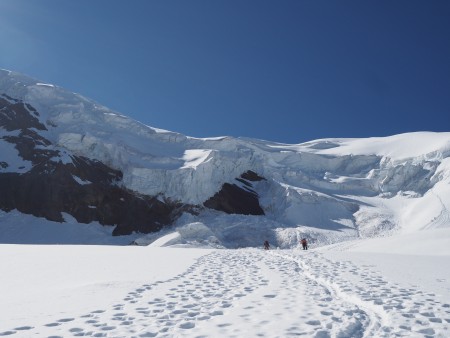Looking up at the seracs and normal route, once we were well away from the ice cliffs