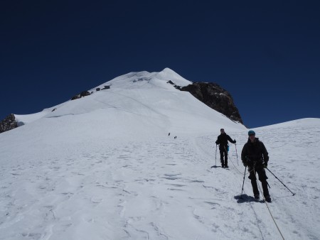 On our way down, looking back up at the Vallot refuge and summit