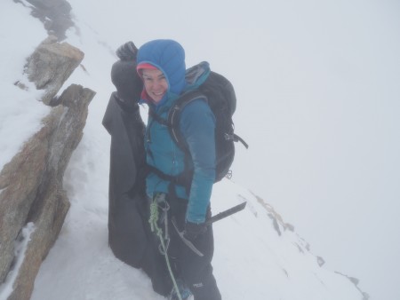 Regular visitor Sarah just below the summit of the Matterhorn in less than ideal conditions. Sarah's running and crossfit training gave her enough reserve to allow us to push on a little, when other groups had turned around.