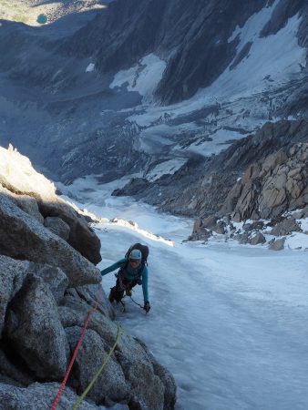 Almost there. Phoebe arriving at the belay just before the steeper ice pitch