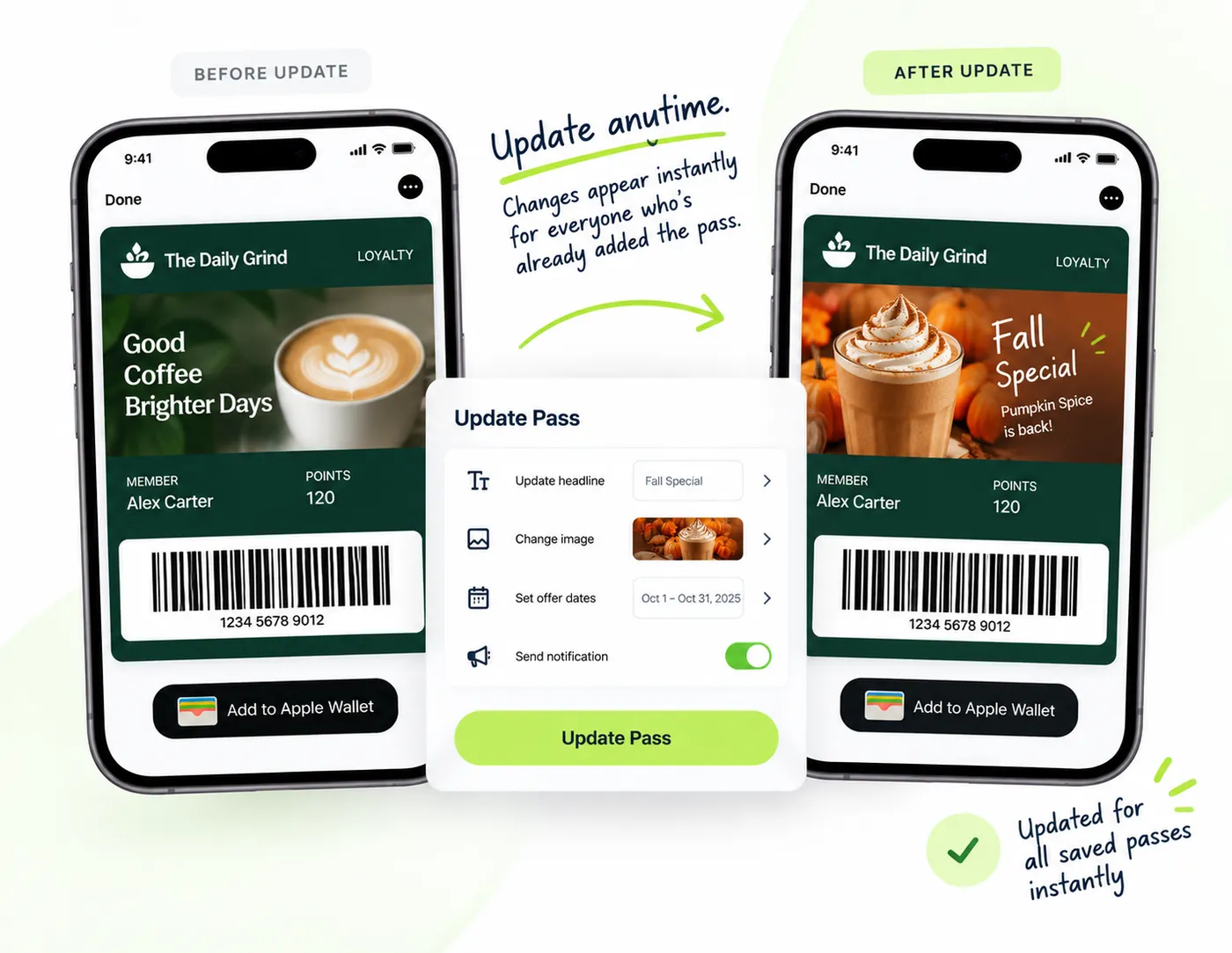 A loyalty pass before and after an update, with the change pushed instantly to everyone who saved it.