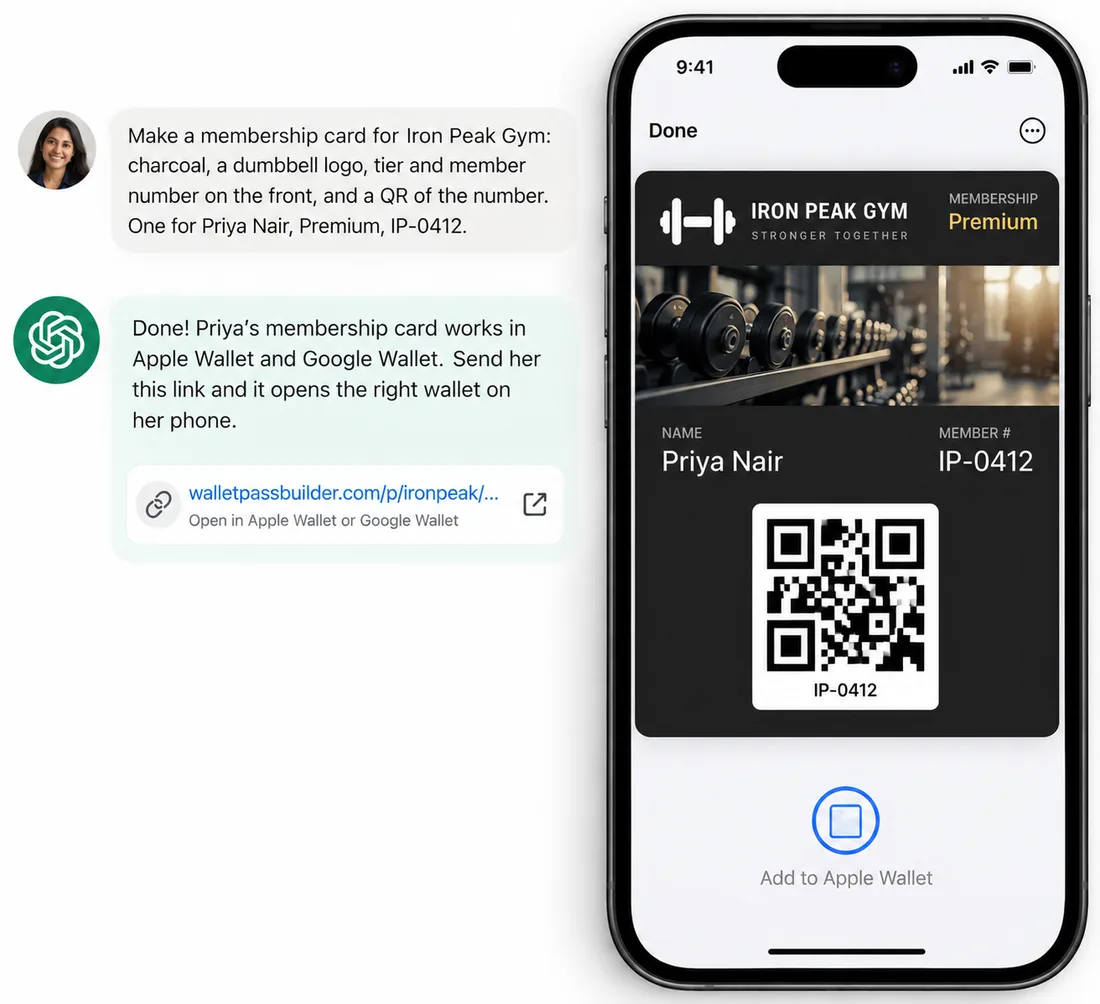 A chat asking an AI assistant for an Iron Peak Gym membership card for Priya Nair, and the finished card in Apple Wallet on an iPhone