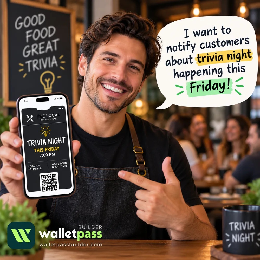 A restaurant owner showing a wallet pass he uses to notify customers about Friday trivia night - for free.