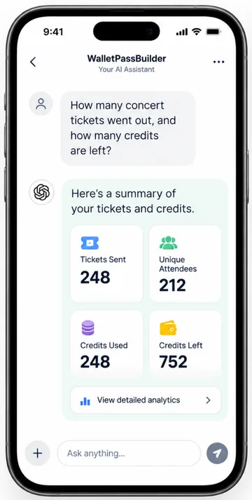 Chat on a phone summarizing concert tickets sent and pass credits left