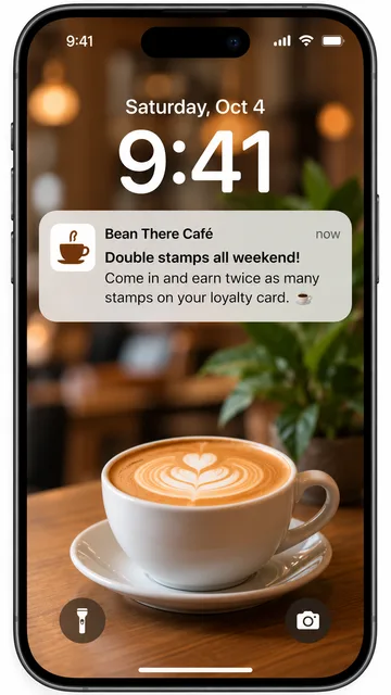 iPhone lock screen showing a Bean There Café notification: Double stamps all weekend!