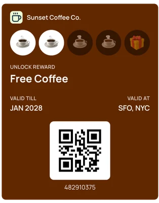 Sunset Coffee Co. stamp card with a free coffee reward