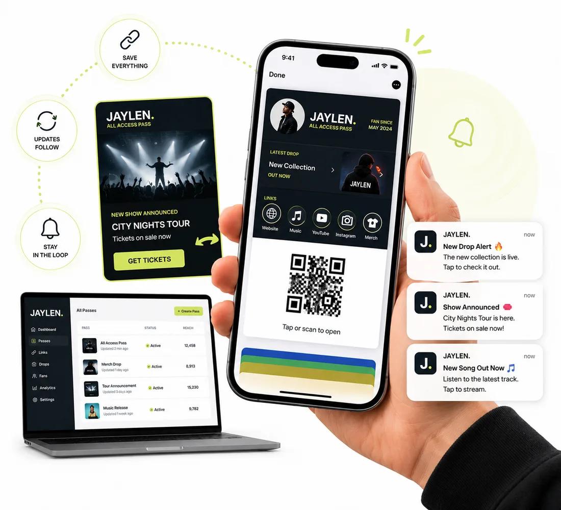 A creator's business card saved in a phone wallet