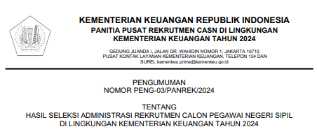 Pengumuman Seleksi Administrasi Kementrian keuangan 2024