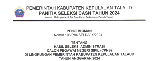 Pengumuman Seleksi Administrasi CPNS Kabupaten Kepulauan Talaud 2024