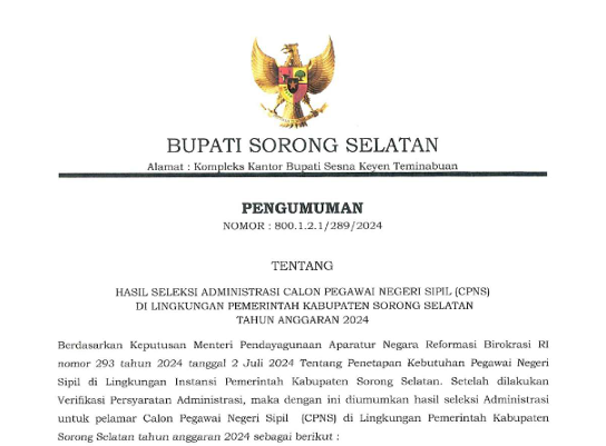 Pengumuman Hasil Administrasi CPNS Sorong Selatan 2024