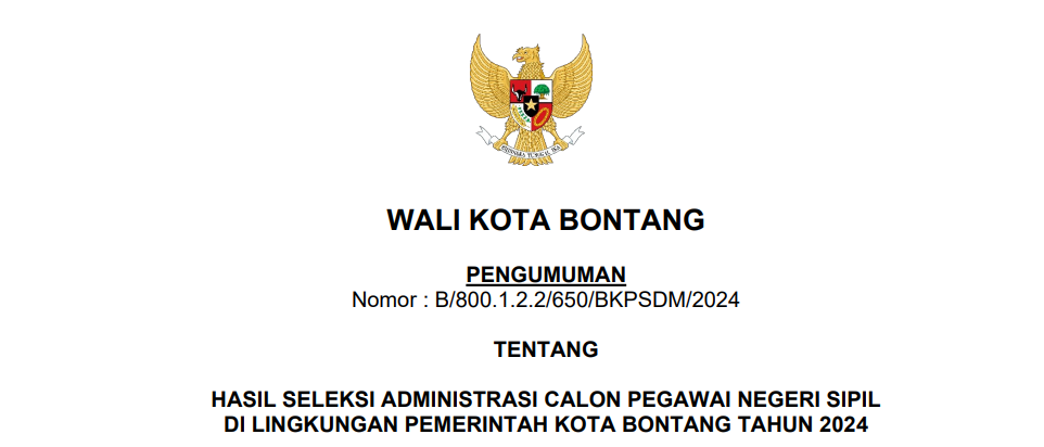 Pengumuman Seleksi Administrasi CPNS Pemerintah Kota Bontang 2024