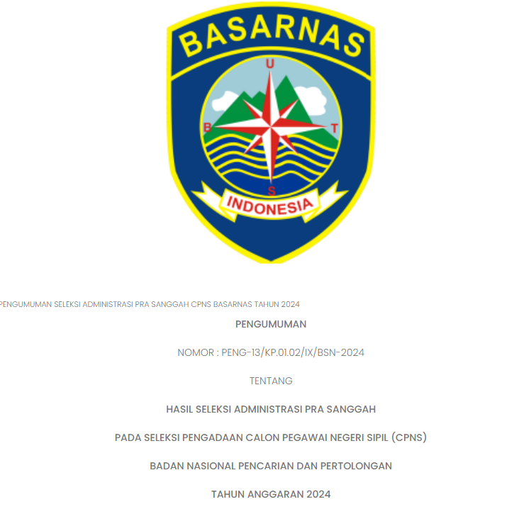 Pengumuman Hasil Administrasi CPNS Basarnas 2024