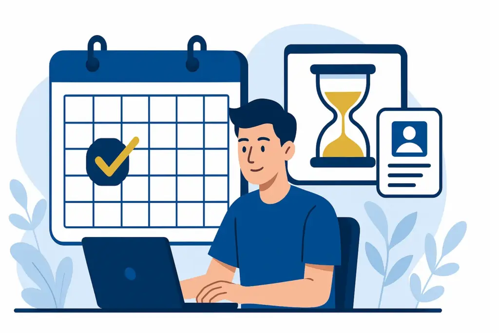 Ilustrasi modern mahasiswa duduk di depan laptop dengan kalender deadline dan dokumen pendaftaran PCPM BI 40, desain grafis edukasi 16:9