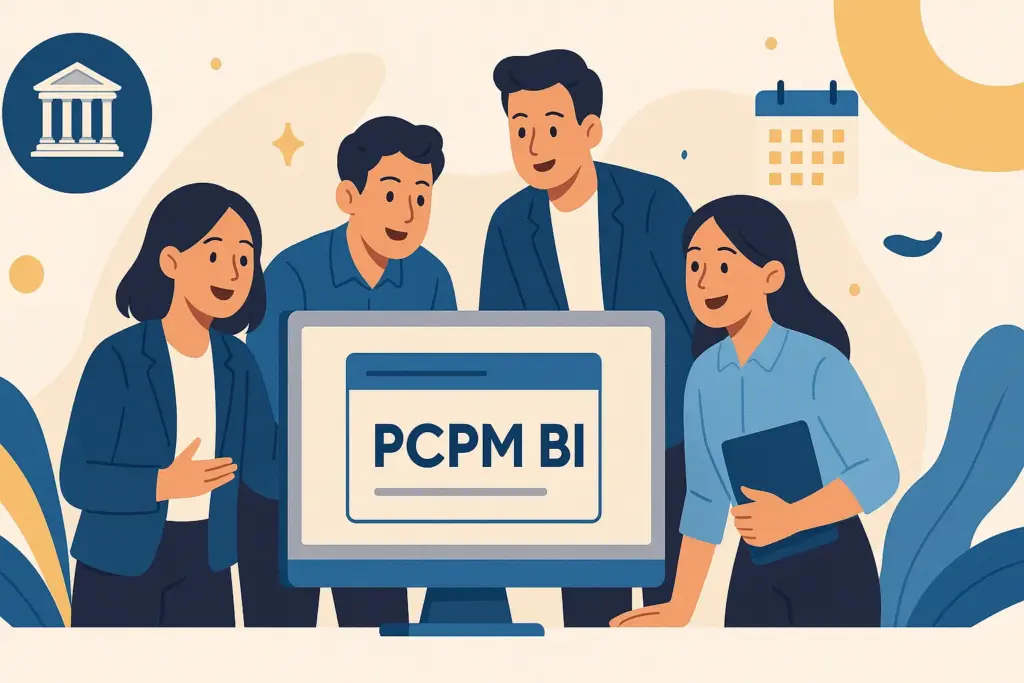 Ilustrasi sekelompok pemuda dan pemudi mengenakan pakaian formal berdiskusi di depan komputer dengan tulisan PCPM BI, nuansa modern biru elegan.