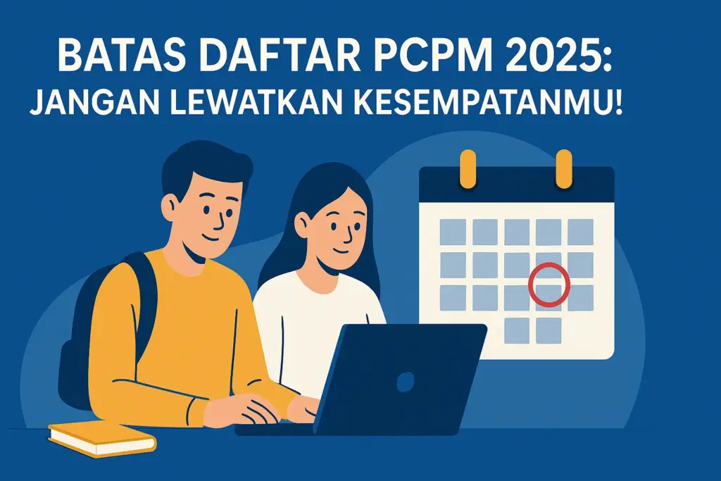 Desain grafis modern dengan mahasiswa mendaftar online PCPM BI 40, kalender deadline, laptop, dan teks “Batas Daftar PCPM 2025: Jangan Lewatkan Kesempatanmu!”