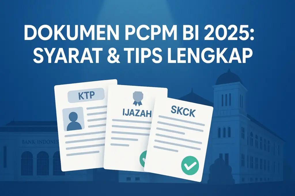 Ilustrasi dokumen PCPM BI 2025 berupa KTP, ijazah, dan SKCK dengan latar gedung Bank Indonesia, disertai judul syarat dan tips lengkap.