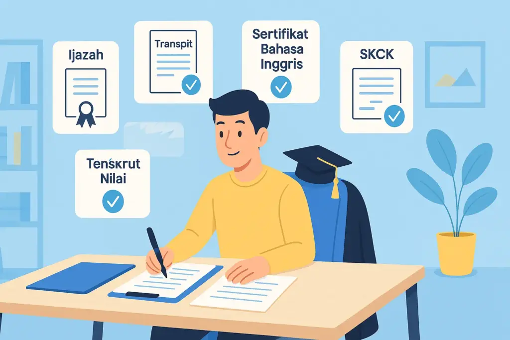 Ilustrasi fresh graduate pria menyiapkan dokumen PCPM BI 2025 di meja kerja, dikelilingi ikon dokumen penting seperti ijazah, transkrip nilai, sertifikat bahasa Inggris, dan SKCK.