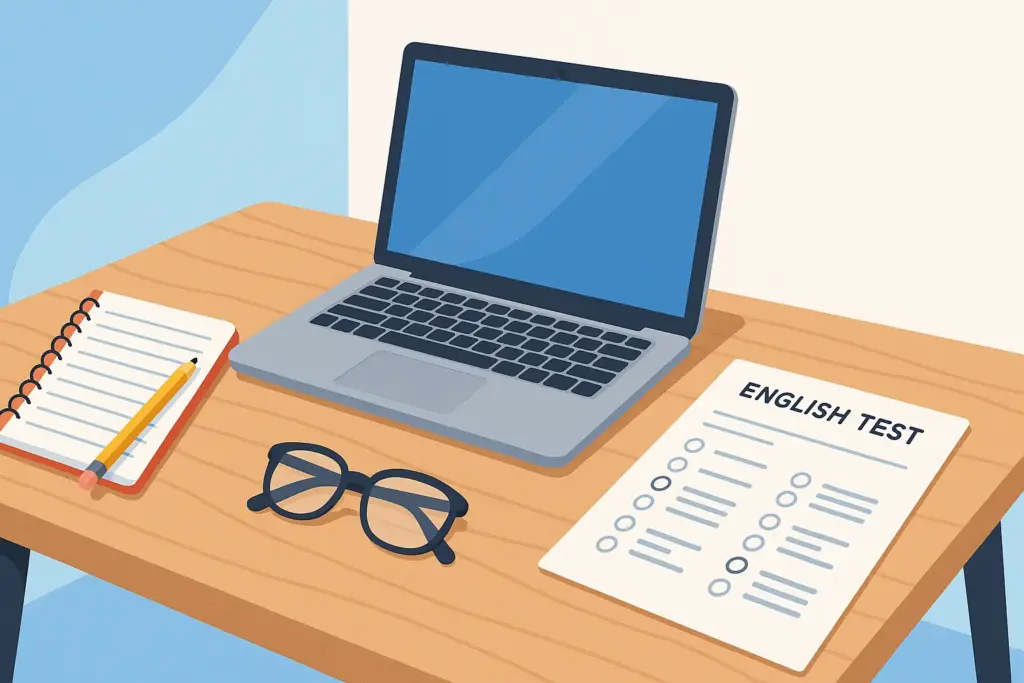 Ilustrasi modern ruang belajar untuk persiapan tes bahasa Inggris PCPM dengan laptop, buku, dan catatan di meja belajar