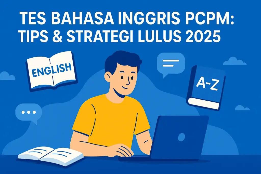 Ilustrasi modern ruang belajar untuk persiapan tes bahasa Inggris PCPM dengan laptop, buku, dan catatan di meja belajar