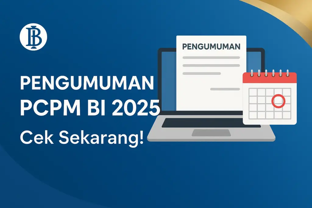 Ilustrasi pengumuman PCPM BI 2025 menampilkan laptop dengan dokumen resmi dan kalender seleksi, desain grafis modern biru emas.