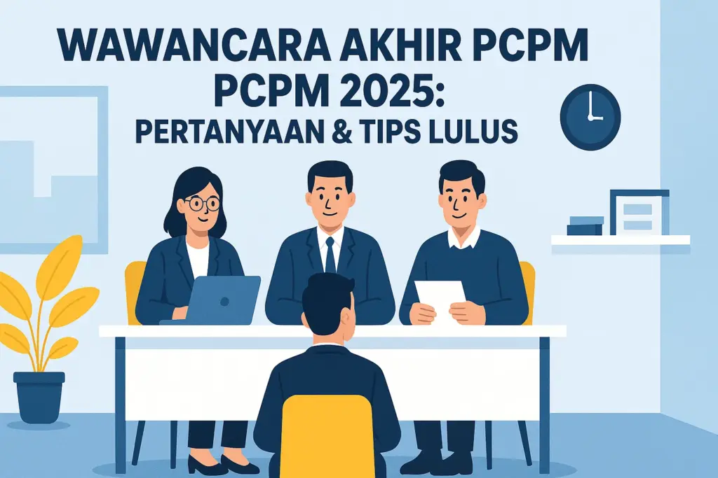 Desain grafis modern HD 16:9 bergaya flat illustration menampilkan wawancara akhir PCPM 2025, kandidat dan pewawancara dalam ruang kantor, dengan teks “Wawancara Akhir PCPM 2025: Pertanyaan & Tips Lulus"