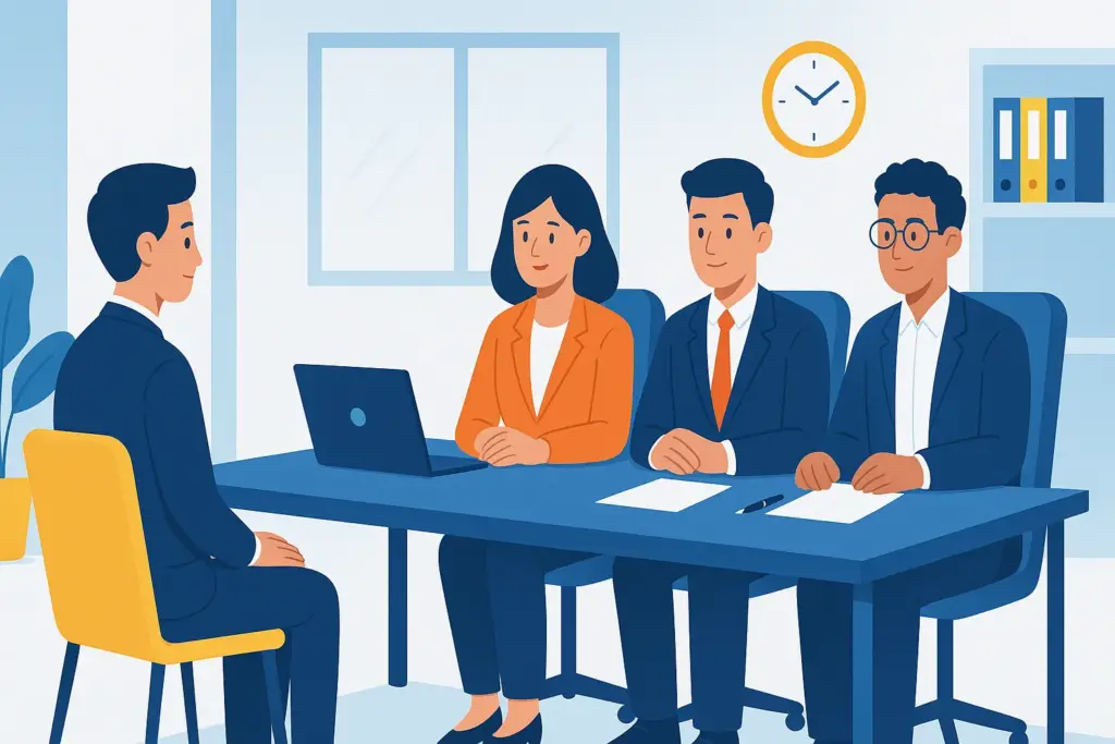 Ilustrasi modern HD suasana wawancara akhir PCPM 2025, kandidat duduk berhadapan dengan panel pewawancara di ruang kantor profesional, gaya flat design edukasi.
