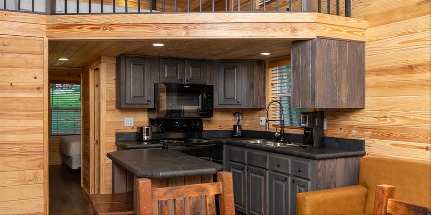 Rosa Cabin kitchen with full amenities including an oven. 