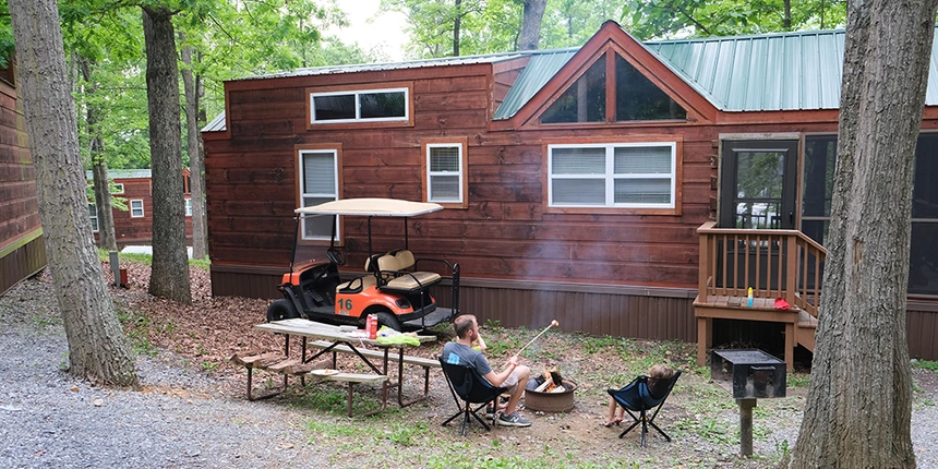 These cabins have a porch, fire pit, picnic table, and more! 