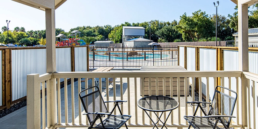 The outside of one of our cabins looking to the water attractions. 